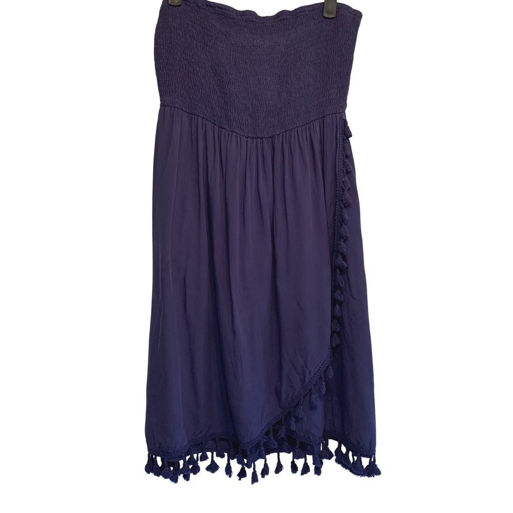 Cupshe Strapless Smocked Tassel Coverup Dress Small Navy Boho Faux Wrap Hippie
